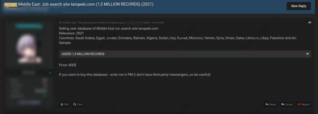 On March 23, 2021, on a dark web forum monitored by SOCRadar, a customer database sale