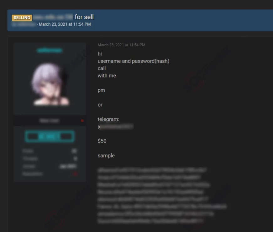 On March 23, 2021, on a dark web forum monitored by SOCRadar, a credential database