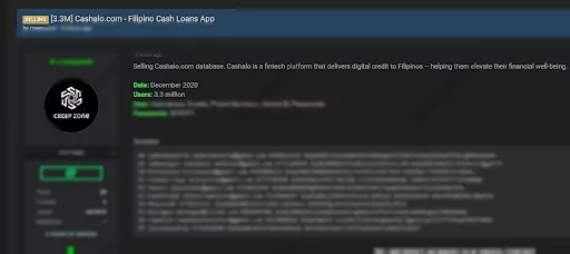 On Feb. 17, 2021, the actor offered to sell Cashalo’s data on a dark web forum monitored