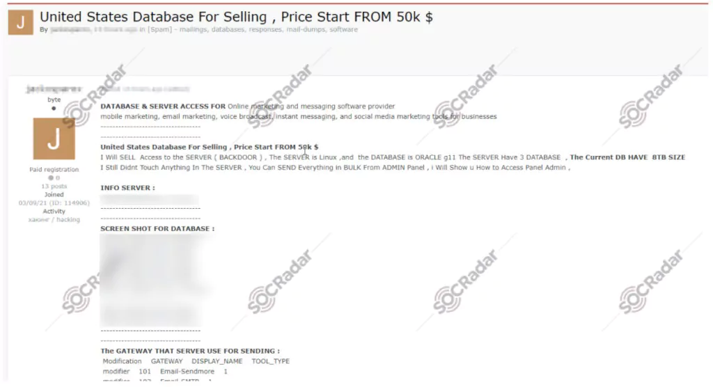 On April 5, 2021, SOCRadar detected a vendor who allegedly attempted to sell database and
