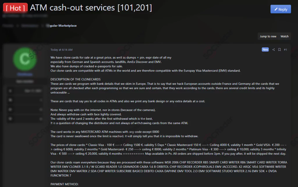 On November 18, SOCRadar detected a post allegedly trading stolen credit cards and