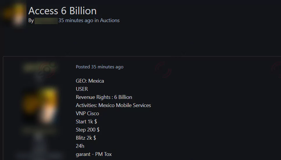 On November 15, a dark web vendor attempted to sell unauthorized network access for a