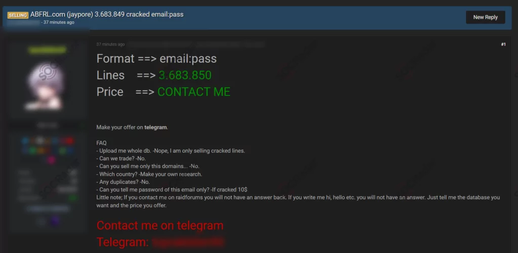 On January 23, SOCRadar detected a post allegedly attempting to sell a credential