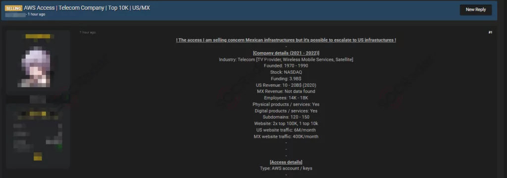 On January 17, a dark web vendor attempted to sell unauthorised AWS access for a
