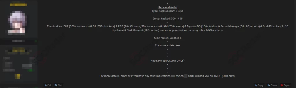 On January 17, a dark web vendor attempted to sell unauthorised AWS access for a