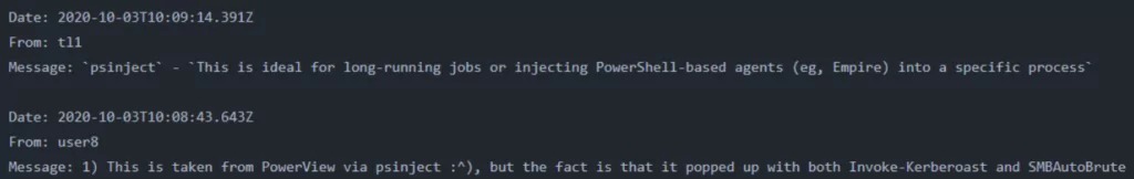 Screenshot from chat logs showing that Conti uses Kerberoast and SMBAutoBrute