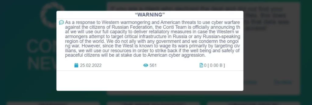 Conti’s aggressive message posted on their Dark Web site