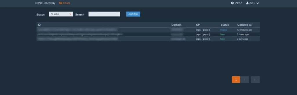 Screenshot from Conti’s Recovery Chat panel