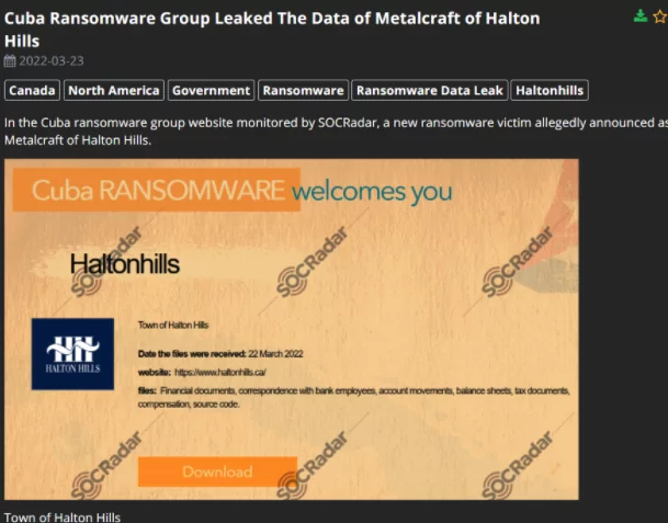 On March 22, a huge database of a town website was published on the dark web. The victim