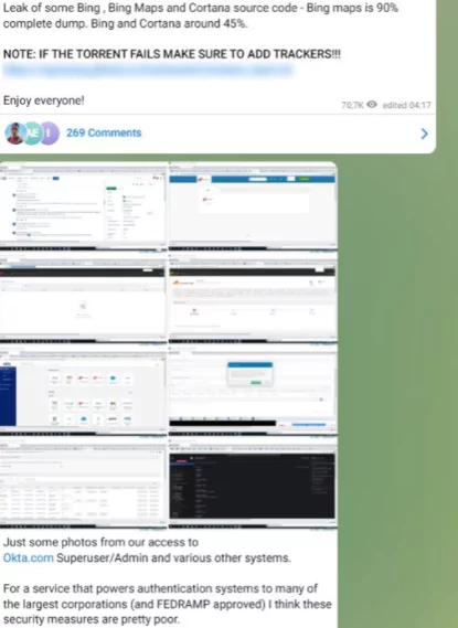Okta hack announcement on Lapsus$ Telegram Channel