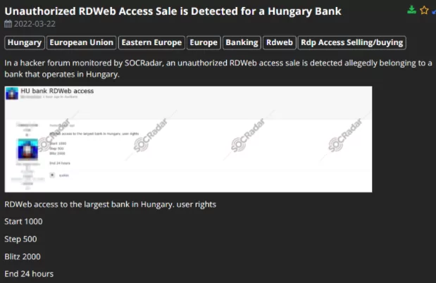On March 22, a vast database of RD Web access (Remote Desktop Web Access) of a bank was