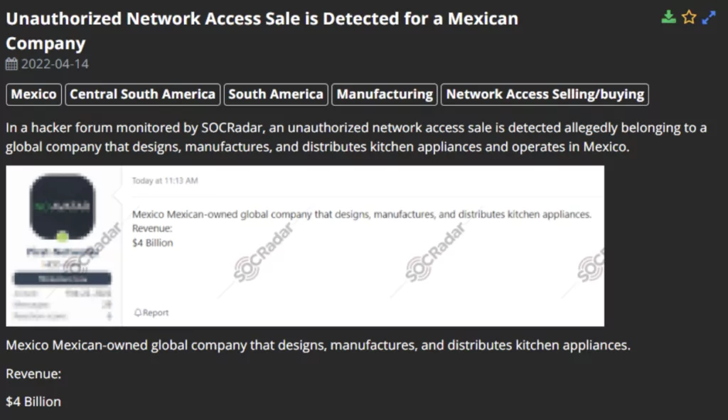 On 14 April, a dark web vendor attempted to sell unauthorized network access for a