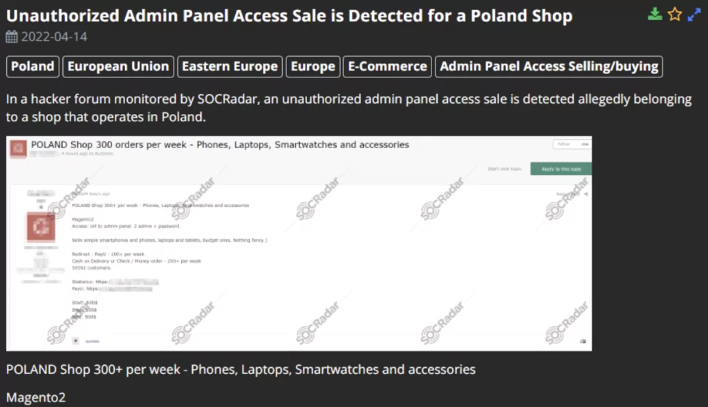 On April 14, an unauthorized admin panel access for a shop from Poland was put up for