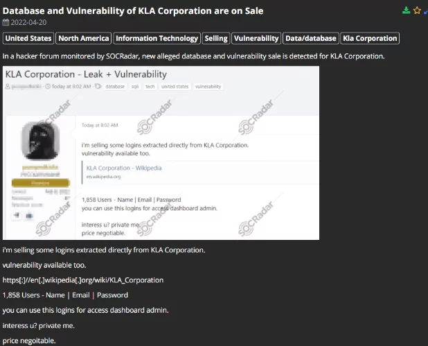 On 20 April, a notice for selling a new alleged database and vulnerability belonging to