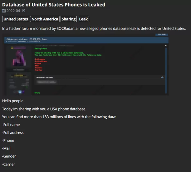 On 19 April, SOCRadar noticed that a new alleged phones database was leaked. This