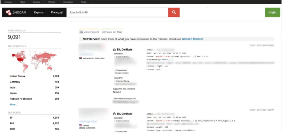 An example Shodan search finding unpatched Apache servers