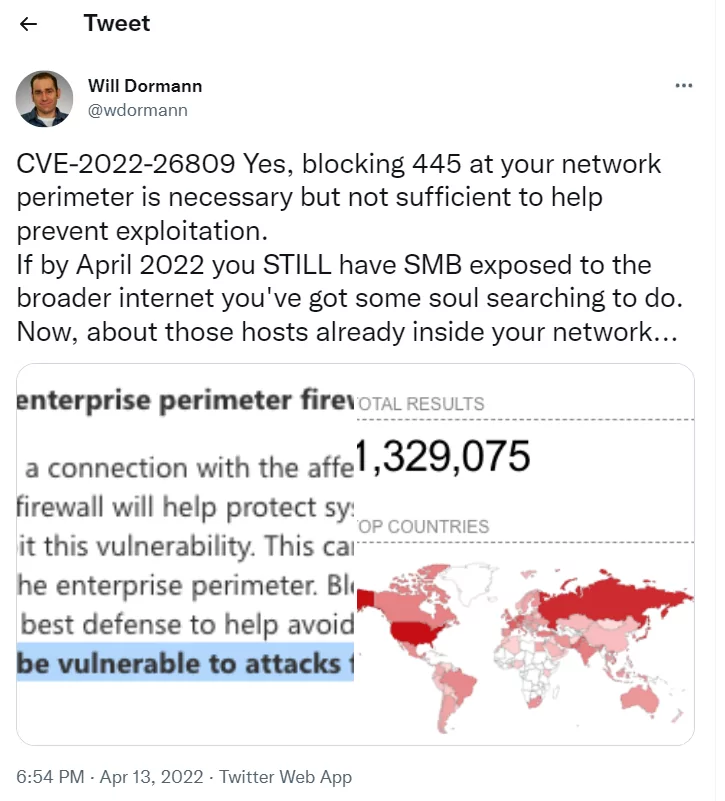 Vulnerability analyst Will Dormann also recommends blocking 445 ports as a mitigation