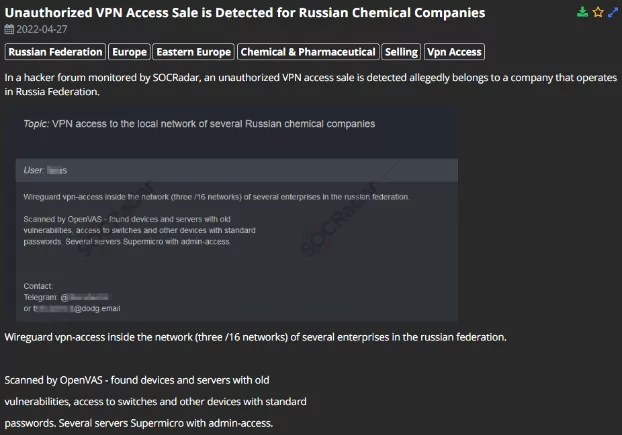 SOCRadar detected an unauthorized VPN access sale of a Russian Chemical Companies that