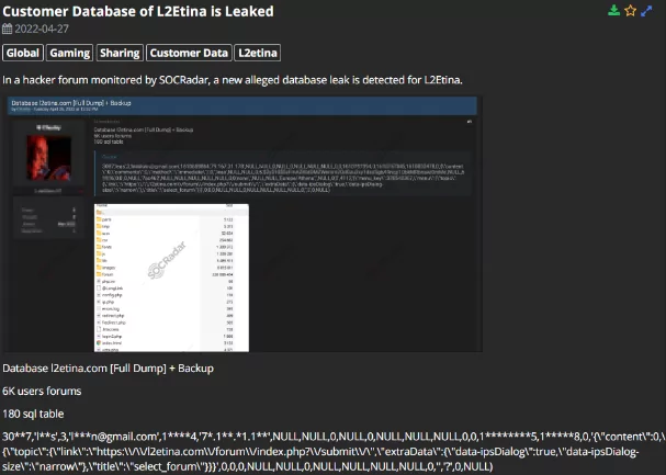 Customer database of private server site L2Etina (l2etine.com) was leaked, and the