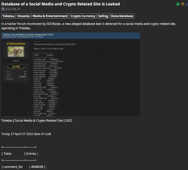SOCRadar detected a new alleged database leak for a social media and crypto-related site
