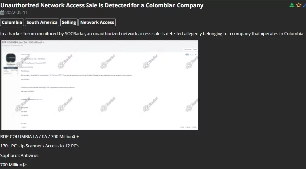 SOCRadar detected a new alleged authorized network access sale for a company that