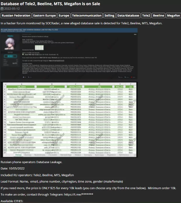 On 12 May 2022, SOCRadar noticed a new alleged Russian phone operators’ database sale for