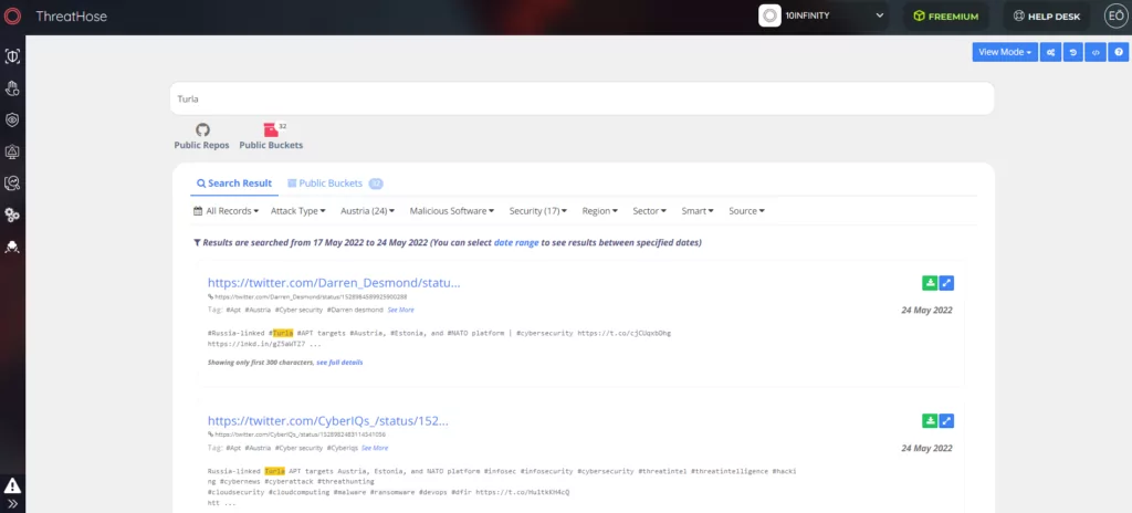 Example search result for Turla on SOCRadar ThreatHose