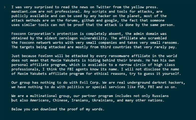 LockBit's statement after Mandiant's reaction.