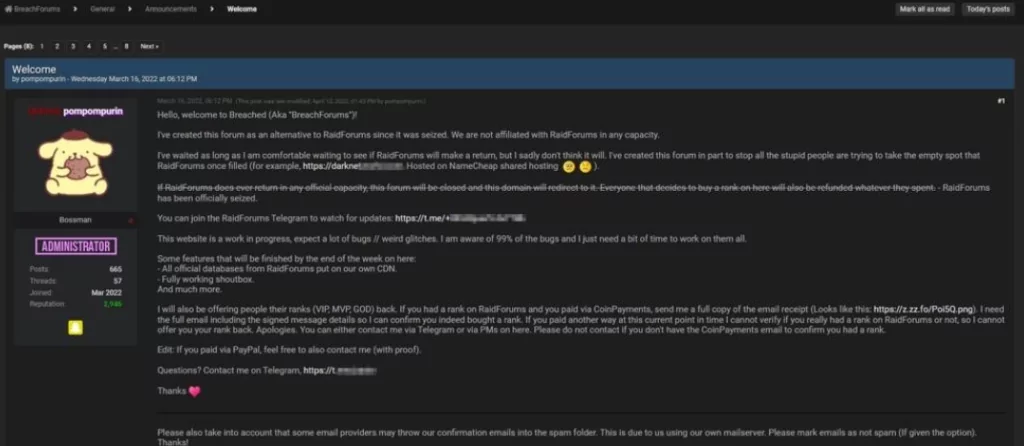 Breached is one of the most popular dark web forums.
