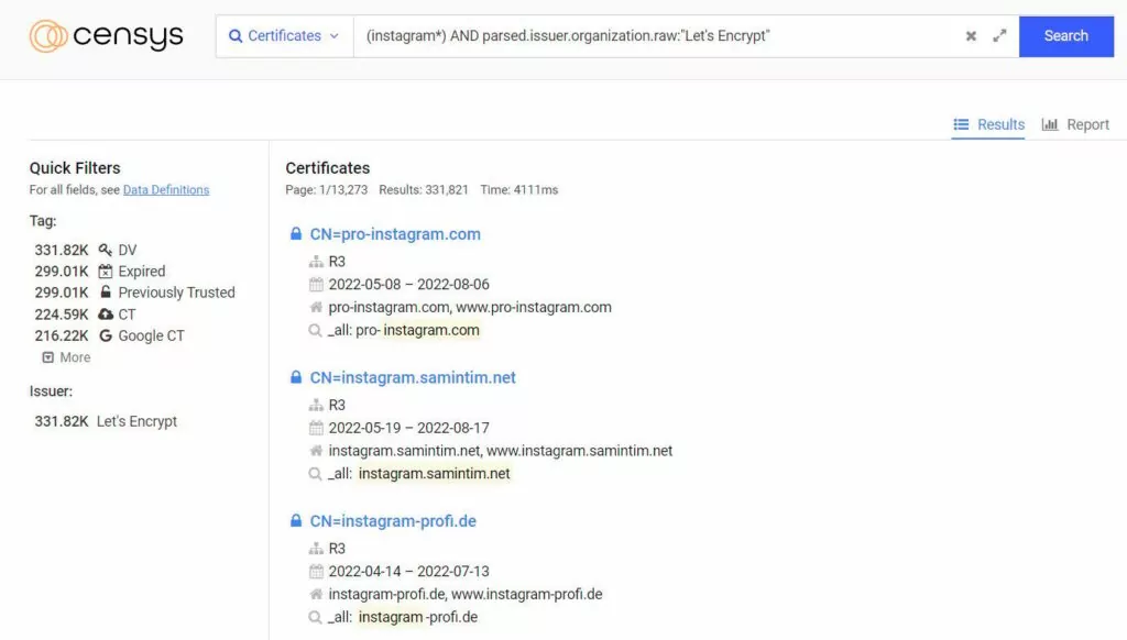 The Censys mass scanner can be used to query the CT logs