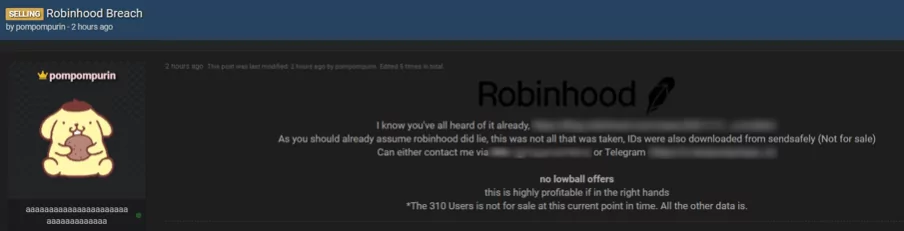 pompompurin’s statement on the Robin Hood breach