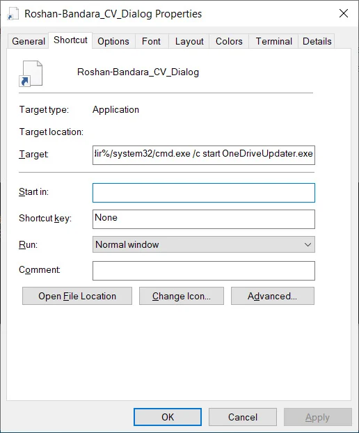 Windows shortcut disguised as CV to launch a program (Source: Bleeping Computer)