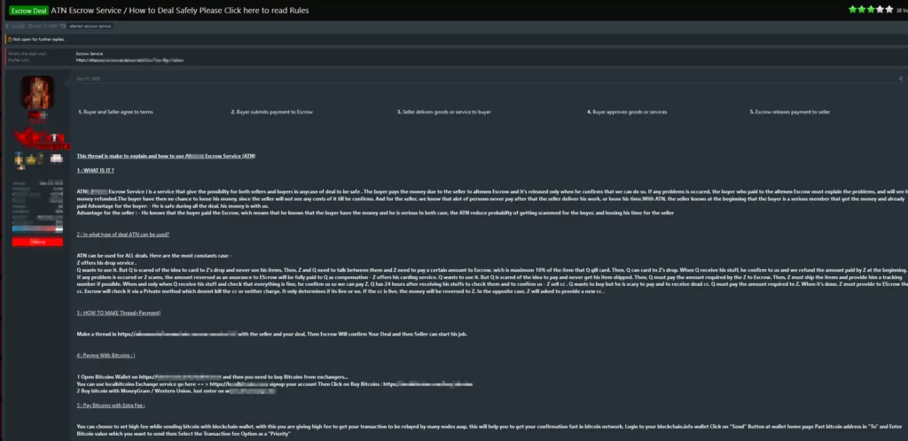 A dark web post outlining the rules about the escrow service.