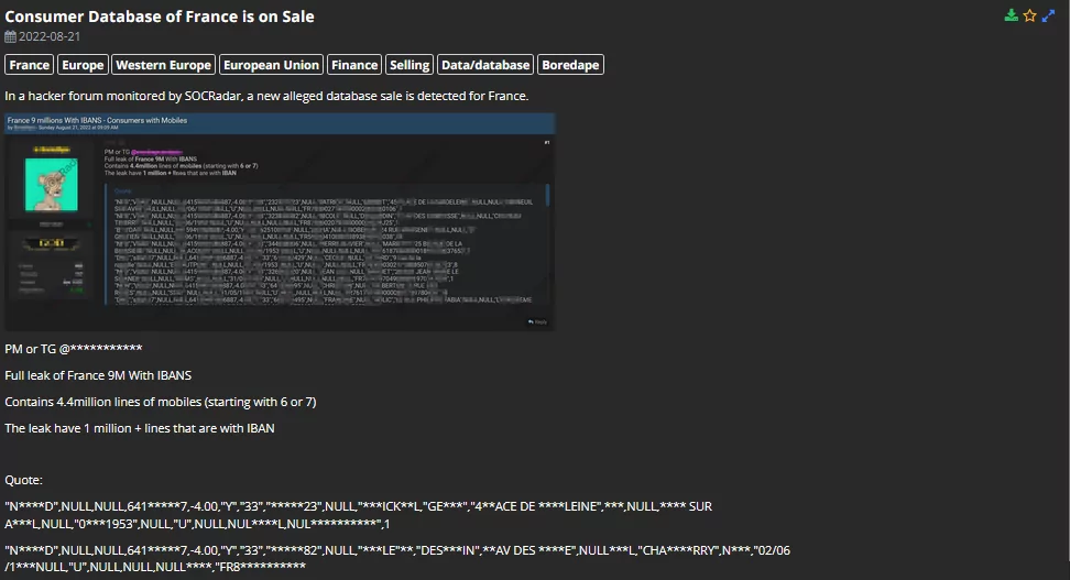 In a hacker forum monitored by SOCRadar, a database sale contains 9 million French