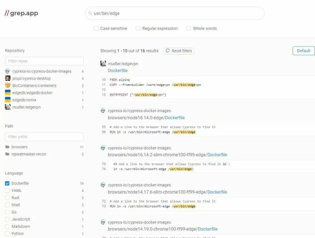 “Edge” browser search results with Language of Dockerfile