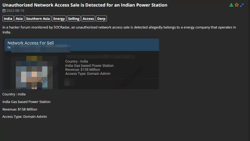 SOCRadar detected an unauthorized network access sale of an Energy Company that operates