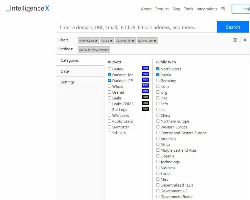 The user interface of IntelX search engine