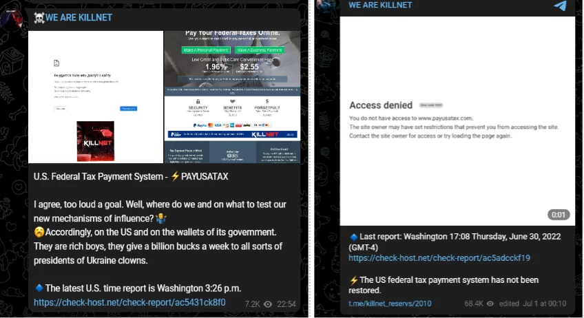 Killnet announced the victim on their Telegram channel