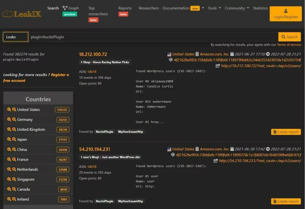 LeakIX search results for leaks with NucleiPlugin