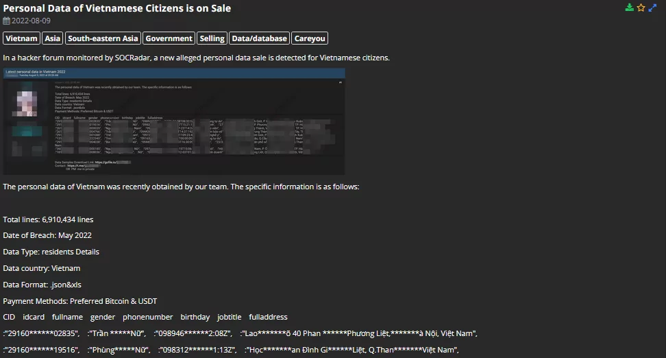 On 9 August, a database leak of Vietnamese citizens was spotted by SOCRadar. The post