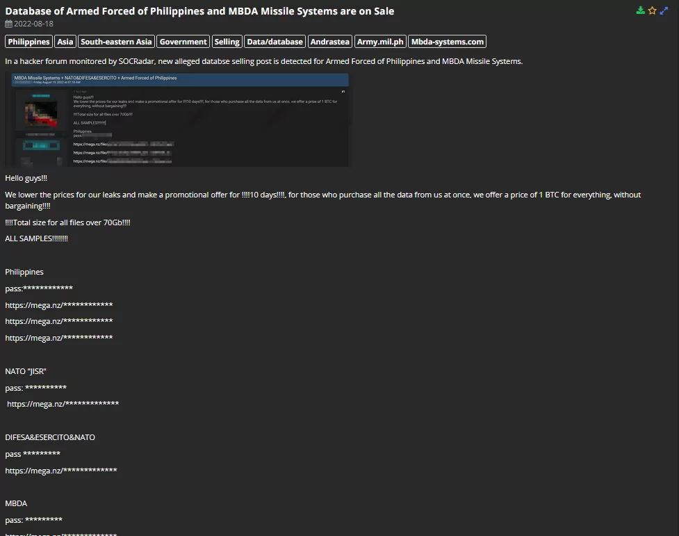 SOCRadar noticed a new alleged database of the Philippines Armed Forces and MBDA Missile
