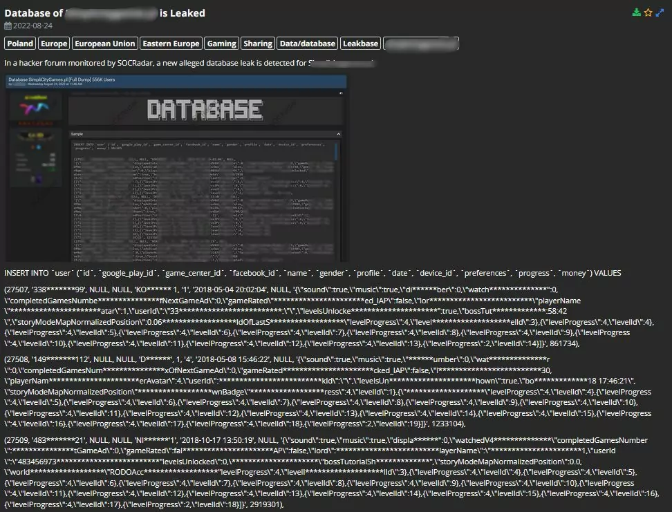 On 24 August, a notice for selling a new database belonging to a mobile gaming company