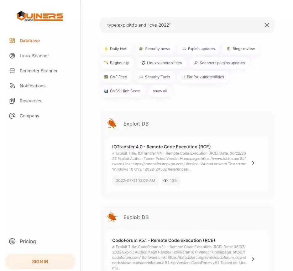 Search results on databases on exploits came out at 2022