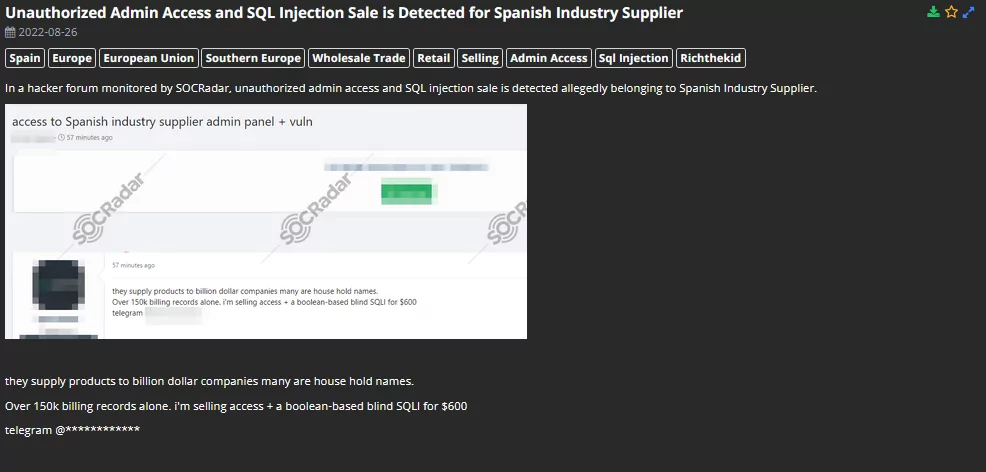 SOCRadar detected a new alleged authorized network access sale for an industrial supplier