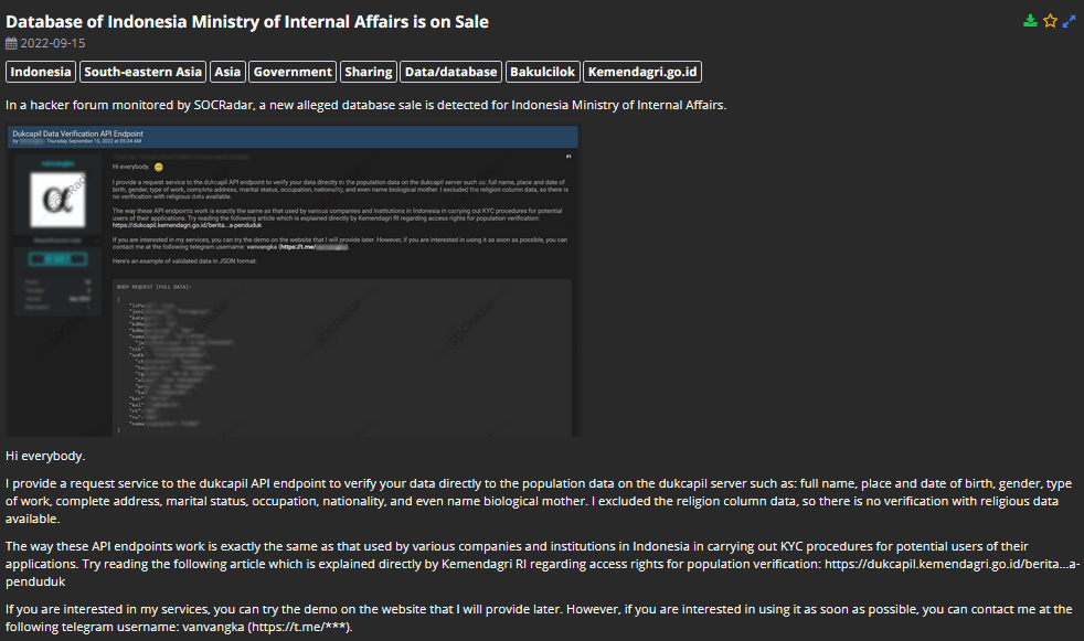 On 15t September, a post came to the attention of SOCRadar Analysts. The post’s creator