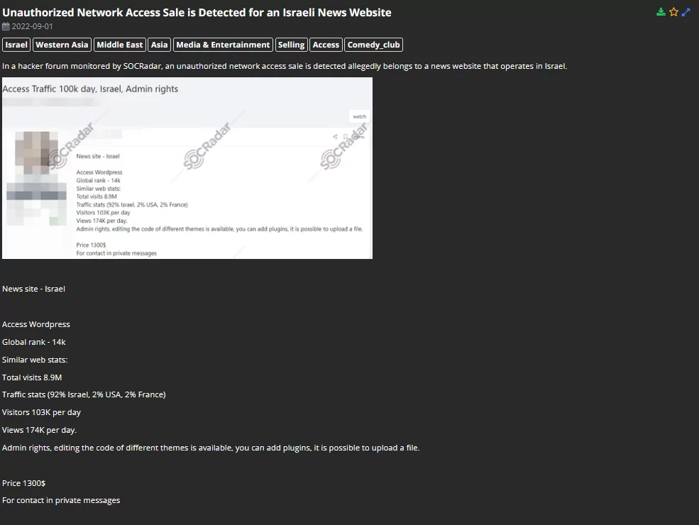 On 1 September 2022, an announcement was posted in a hacker forum that SOCRadar monitors.