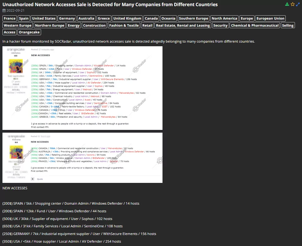 SOCRadar detected a new alleged authorized network access sale post in a hacker forum on