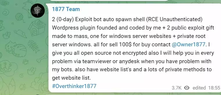Overthinker1877 selling zero-day exploits