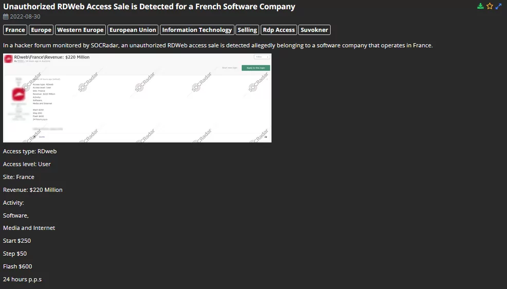 SOCRadar detected an unauthorized RDWeb access sale of a French software company that