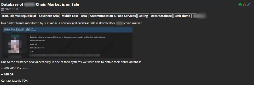 On 8 September 2022, an announcement was posted in a hacker forum that the SOCRadar keeps